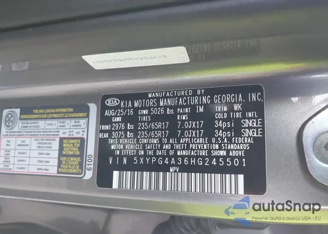 2017 Kia Sorento Lx/L z USA, uszkodzony, nr VIN 5XYPG4A36HG245501